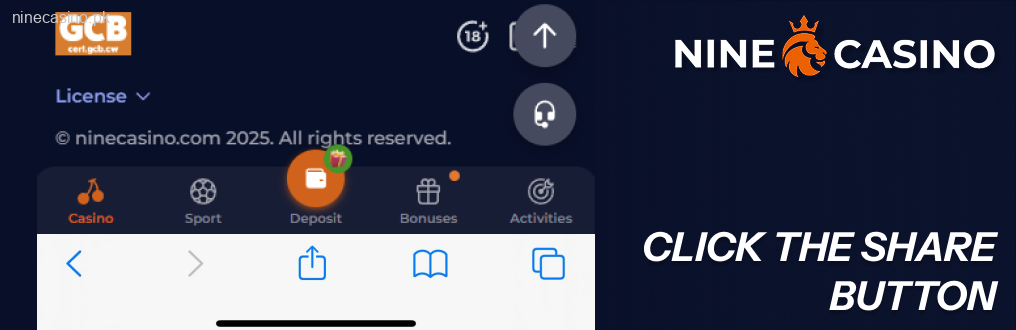 NineCasino tap the Share button at the screen bottom