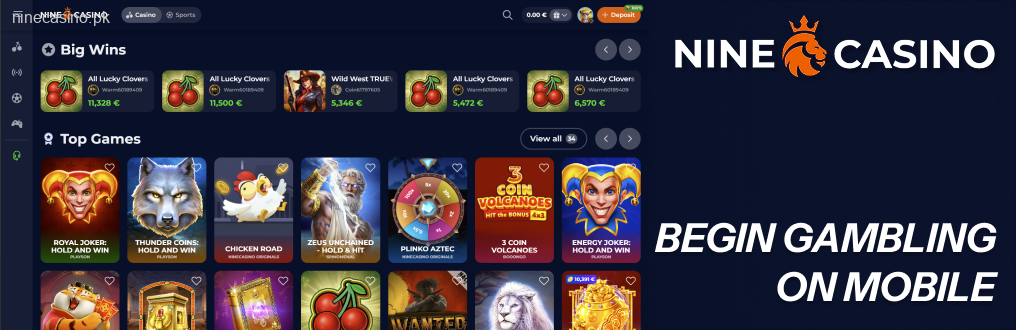 Begin gambling NineCasino on mobile