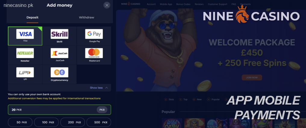 The mobile banking section of the Ninecasino app processes transactions 24/7 with zero fees on all deposits