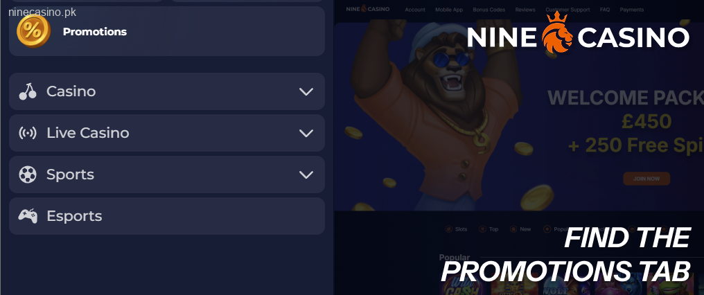 Find the Ninecasino Promotions tab