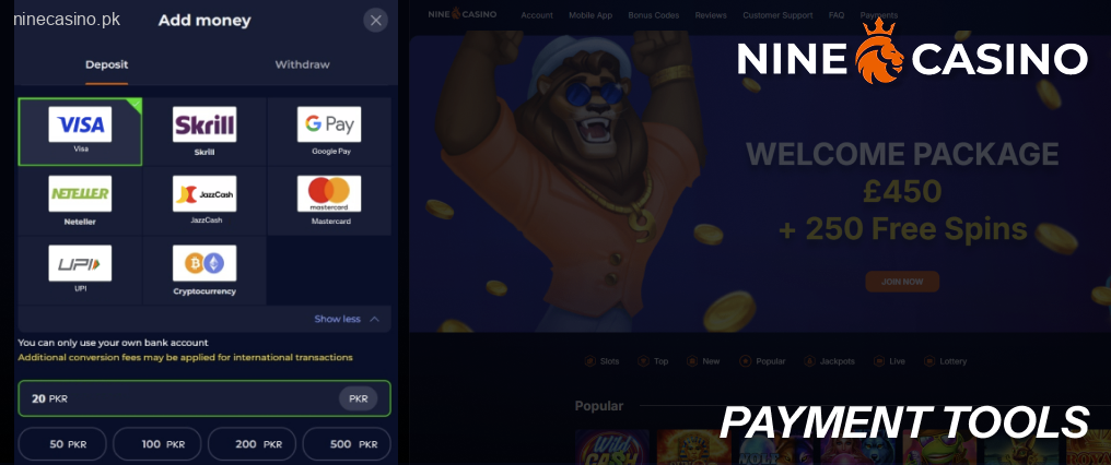 Ninecasino casino offers over 10 banking tools to make transactions